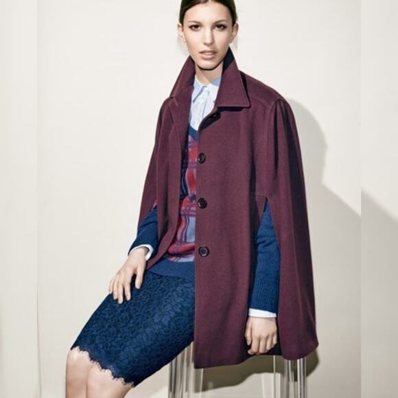 Helene Berman London Cape Coat Wool Cashmere Buttoned Maroon Burgundy XS - Picture 1 of 5